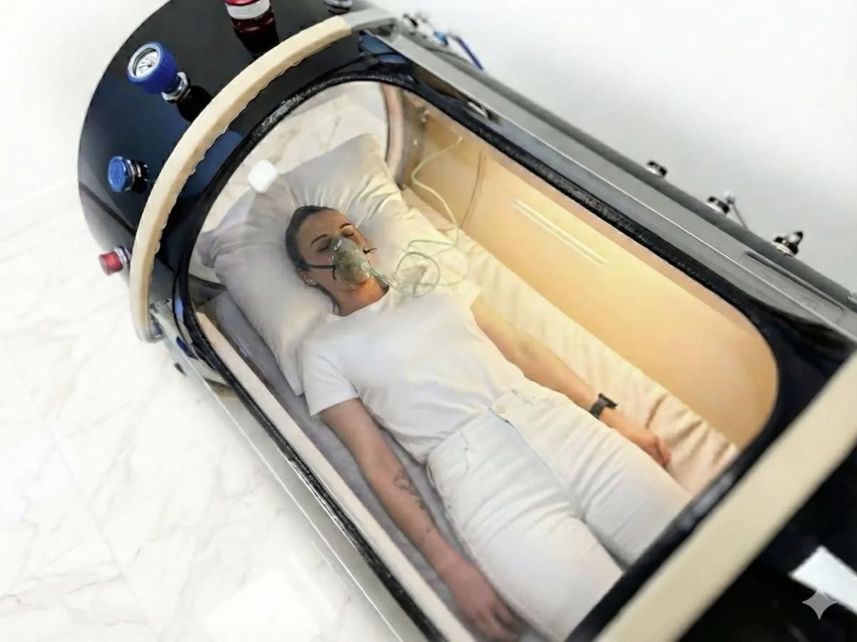 Une personne allongée, détendue, pendant une séance en caisson